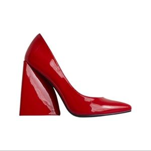AS-I-AM POINTED TOE STATEMENT BLOCK COURT HEEL IN RED PATENT